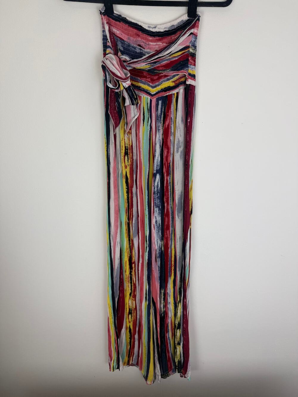 Womens Tie Front Boho Smocked Waist Multicolor Striped Wide Leg Palazzo Pants XL